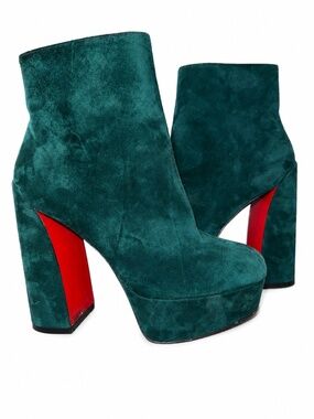 Christian Louboutin Green Suede Platform Ankle Boots Red Bottom Block Heel